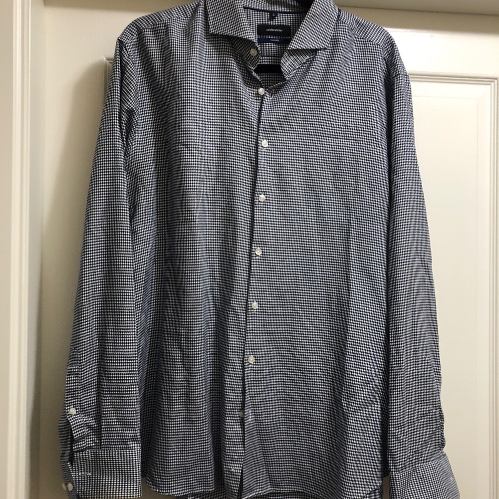seidensticker mens houndstooth cotton button front LS blue white shirt 17 XL 43